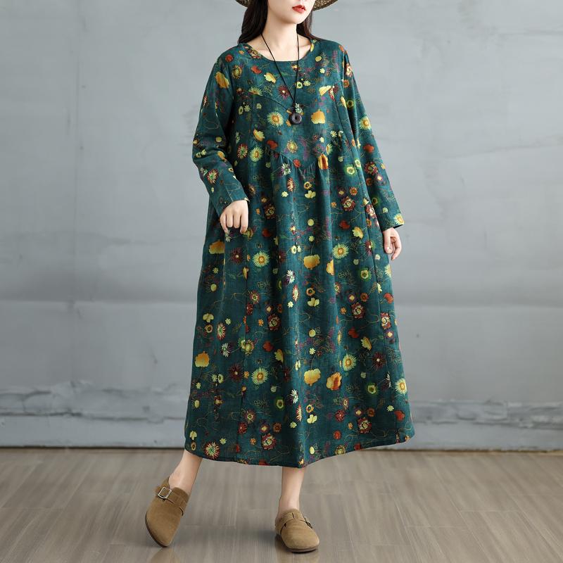 DIMANAF 2025 Damen Übergröße Frühling Langes Kleid Locker Basic Druck Vintage Lässig Floral Oversize Langarm Maxi