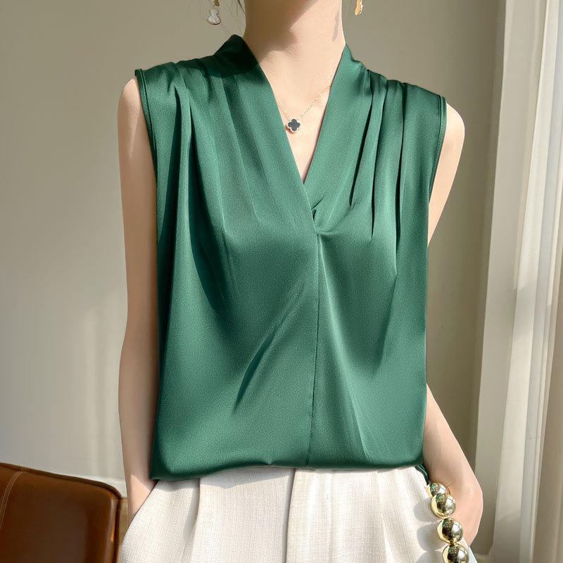 Satin Imitation Silk V-neck Sling Vest Women's Summer Suit with Sleeveless Shirt Hanging Neck Solid Color Top