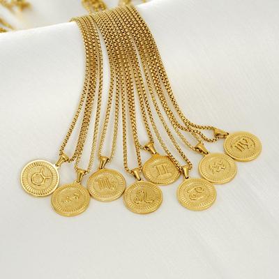 14k Gold Plated Stainless Steel Vintage Zodiac Necklace for Women Men 12 Constellation Horoscope Pendant Box Chain Necklace