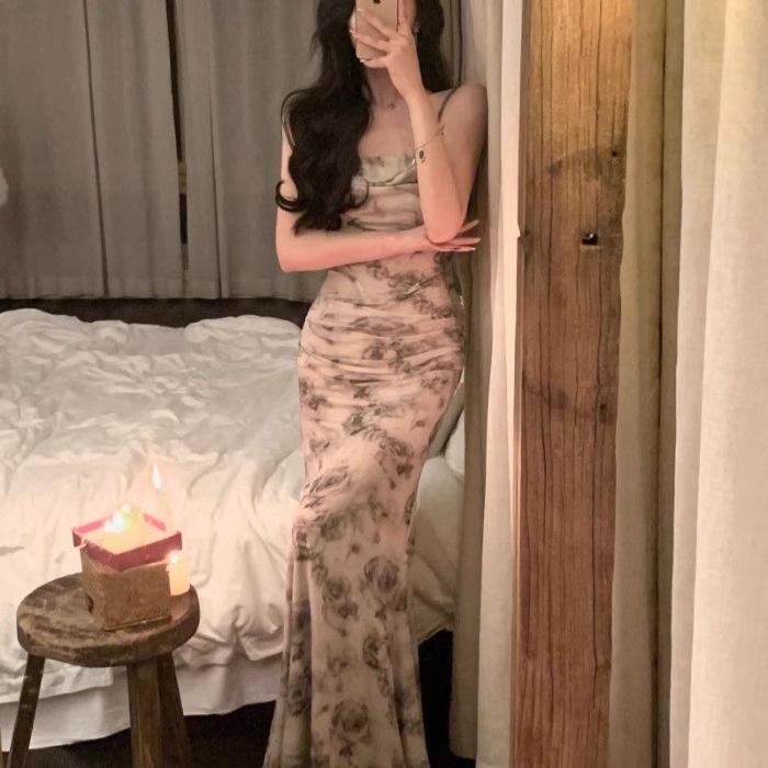 French retro mesh printing suspender dress women's summer design sense niche pure desire slim-fitting hip-wrapped long skirt