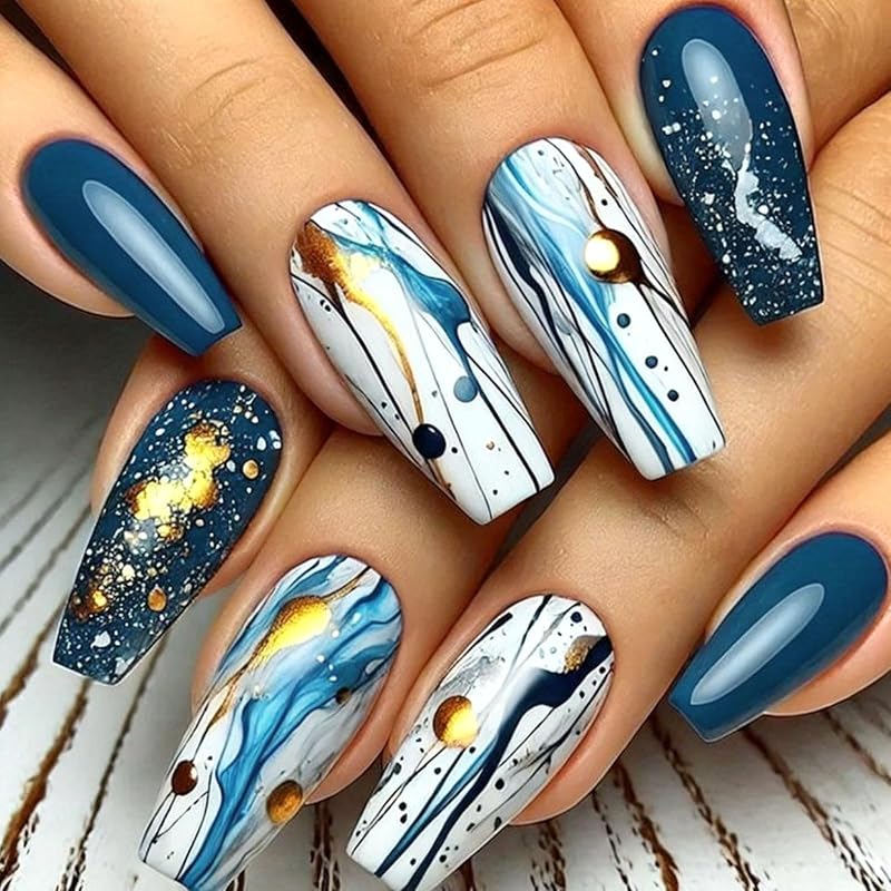 Short Press on Nails Square Fake Nails with Zebra Leopard Print Designs French Tip Nails Red Flower Gold Bead Acrylic Nails Glossy Glue on Nails Full Blue Ink-1