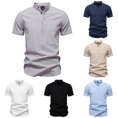 Men's Solid Color Cotton Linen Button Stand Collar Short Sleeve Top Men's Casual Breathable Tops