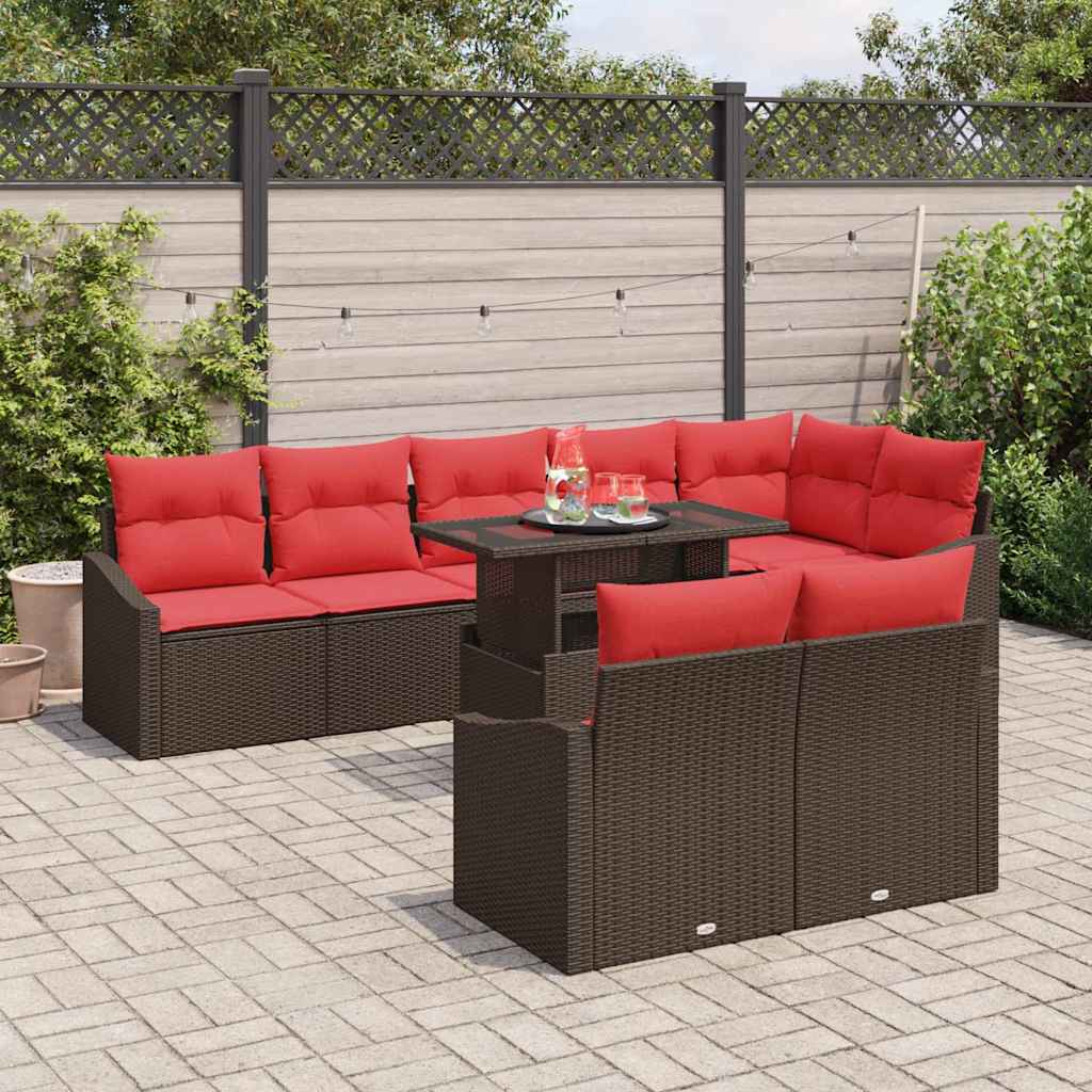 Garden Sofa Set 9 Pieces Brown and Red Poly Rattan