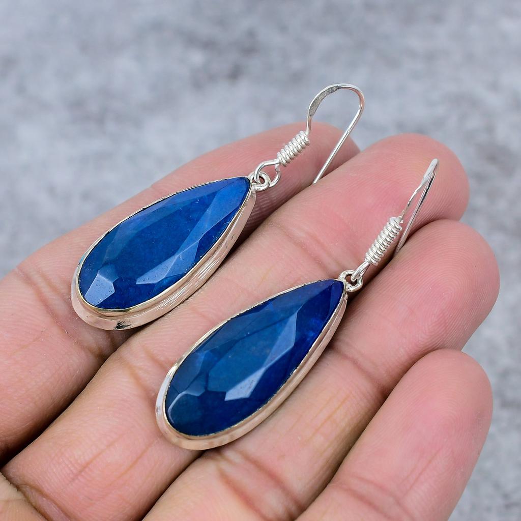 Blue Jade Gemstone Handmade 925 Sterling Silver Jewelry Earring 2.36" M-355