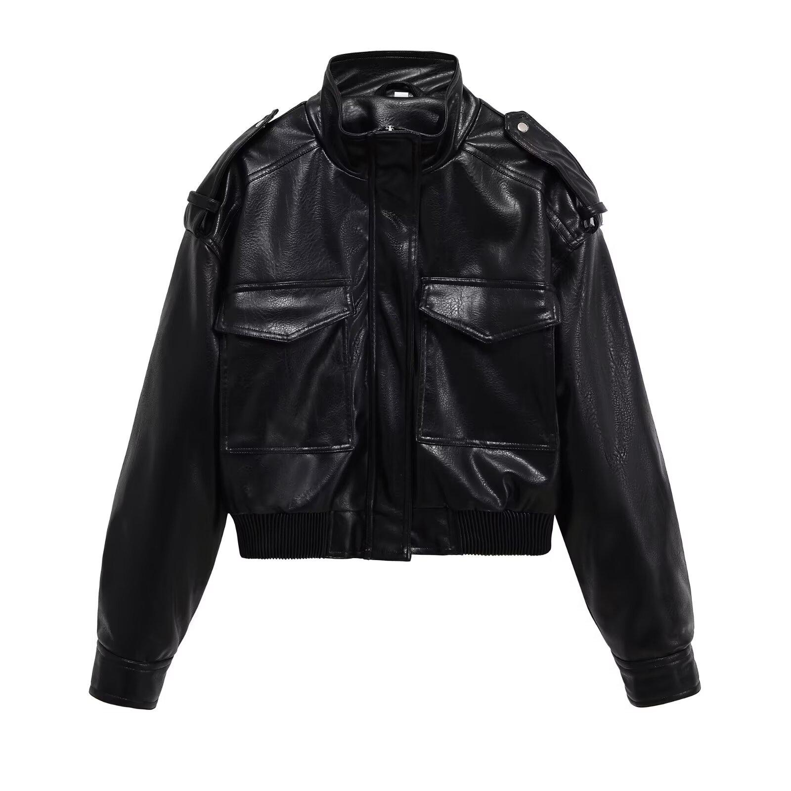 

European and American Women s Faux Leather Motorcycle Style Short Jacket - Autumn Fashion Trend L чорний