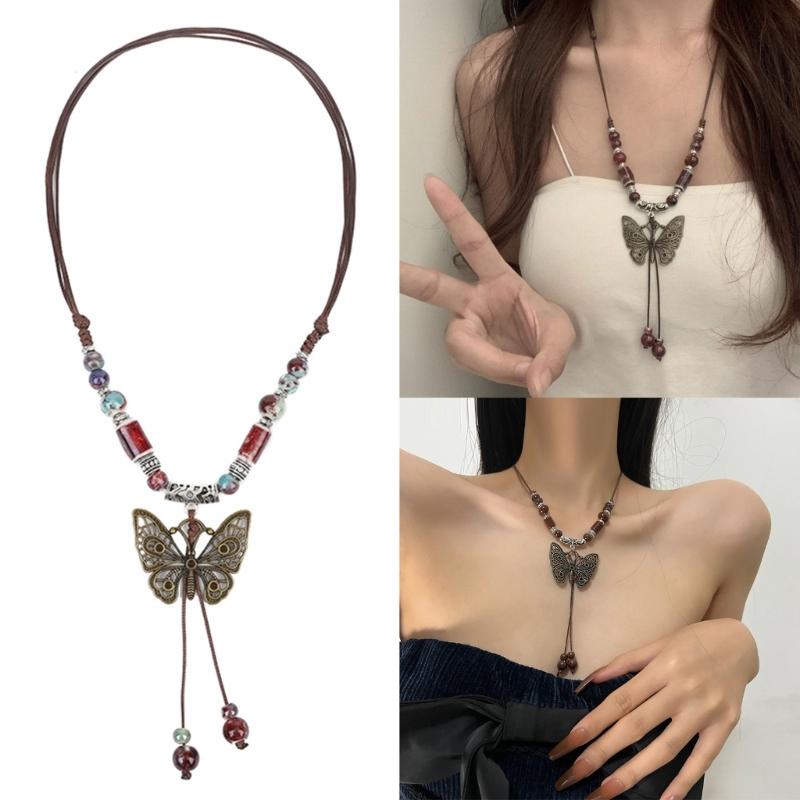 Fashion Ceramic Bead Choker Necklace Butterfly Pendant Necklace Jewelry Vintage Clavicle Chain Necklace Sweater Chain