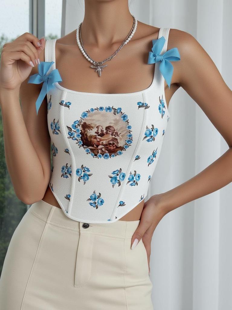 Fishbone Print Sexy Corset Camisole – European Style Backless Strappy Waist Cincher