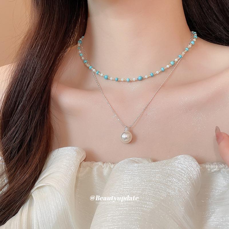 Zircon opal pearl beaded round double-layer necklace exquisite niche light luxury collarbone chain high-end neck chain female