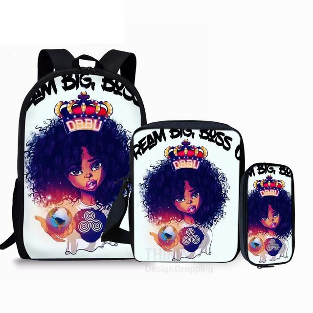 Classic Black Girl Magic Afro Lady 3D Print 3pcs/Set School Bags Laptop Daypack Backpack Inclined Shoulder Bag Pencil Case