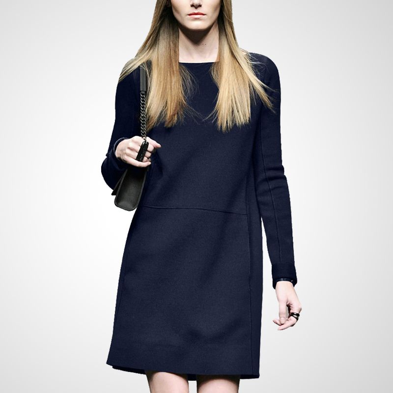 

Fall and Winter Fashion Base Waist Slim Fit Long Sleeves Dress Navy blue S