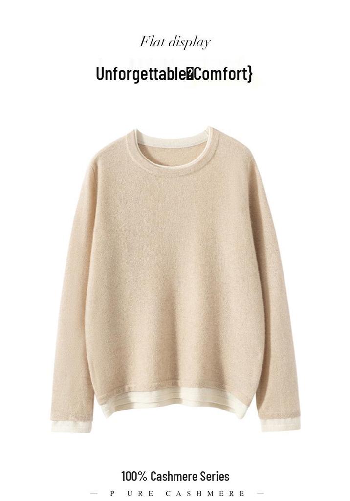 Pure Cashmere Color Block Round Neck Knit Sweater - Women's Long Sleeve Loose Fit Base Layer for Fall/Winter