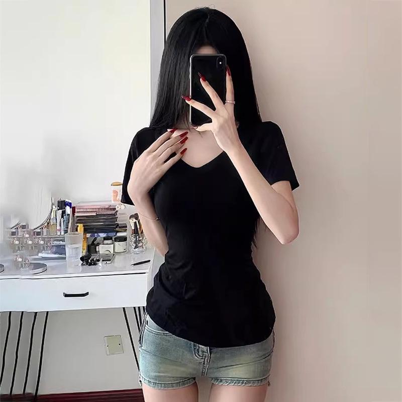 Black V-Neck Short Sleeve Women's Fitted Shoulder T-Shirt