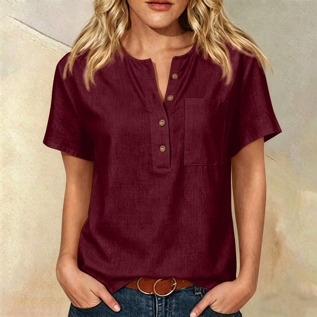 Women Short Sleeve Henley Neck Button Down Linen Cotton Shirt with Chest Pocket Relaxed Fit Casual Top Blouse for Daily Wear