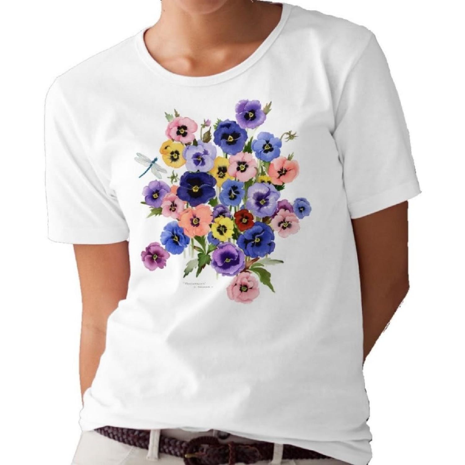 Pansies and Dragonfly T-Shirt_tee by Valerie Pfeiffer S белый