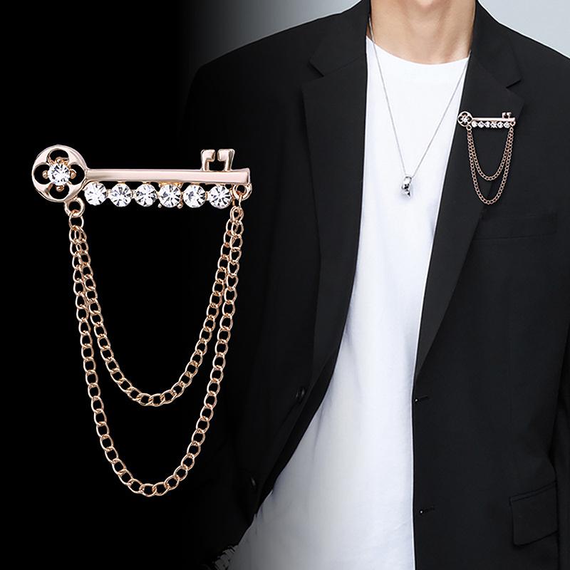 Korean   Metal Key Tassel Long Brooch  Chain Lapel Pin For Men'S Suit Shirt Badge Brooches Pins Accessories