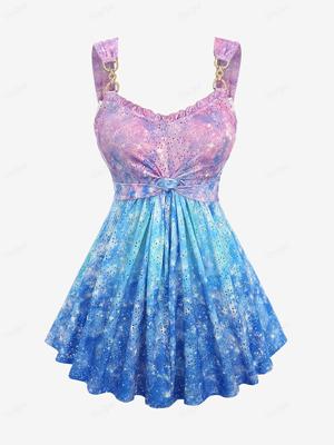 Rosegal Plus Size Galaxy Ombre Print Twist Buckle Ruffles Hollow Out Tank Top