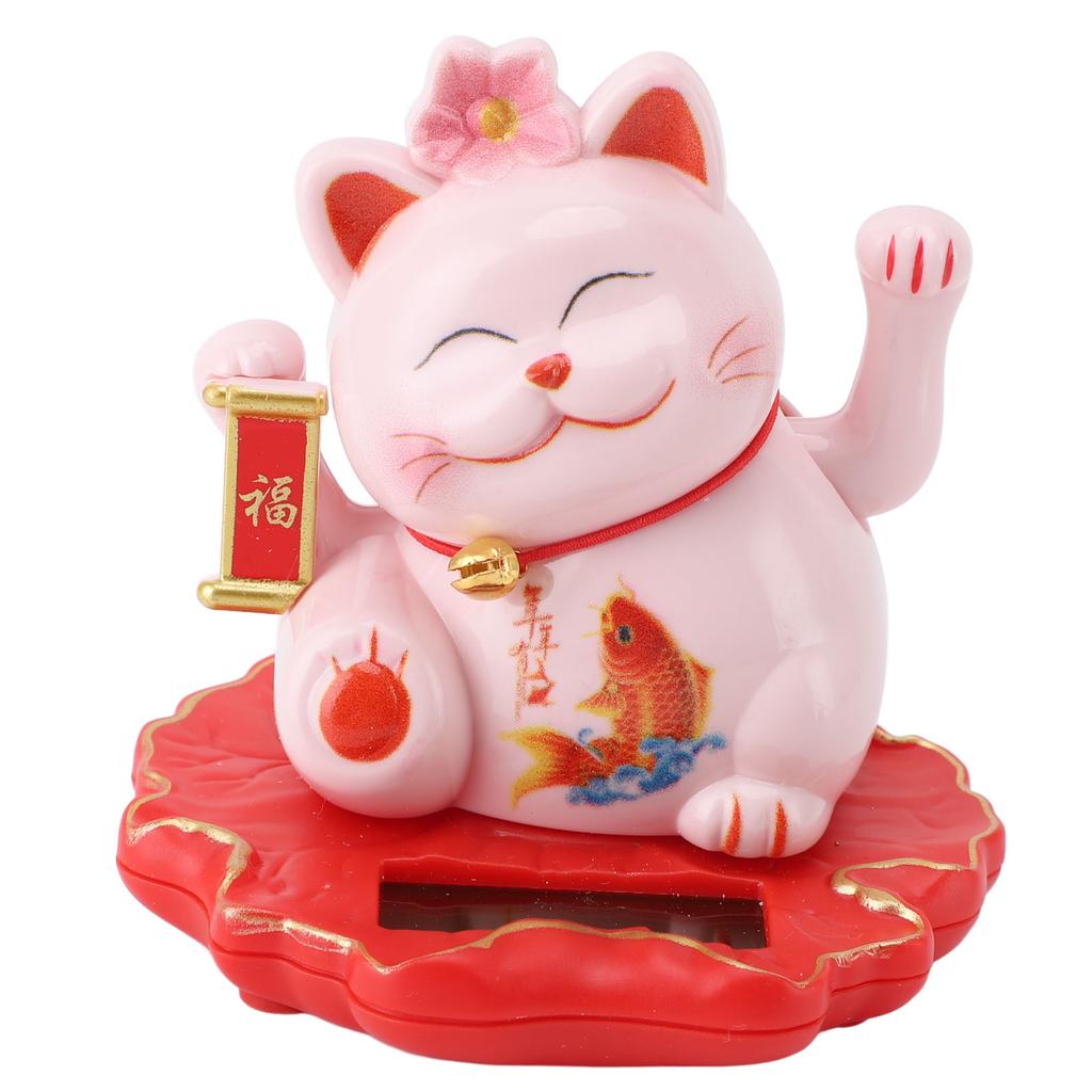 Solar Energy Powered White Beckoning Lucky Money Cat for Home Office Car Decor Feng Shui Lucky Cat Waving Arm Fish Style