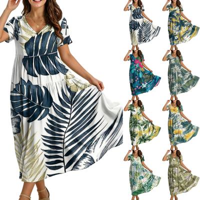 Women Casual Loose Bohemian Floral Dress Short Sleeve Long Maxi Summer Beach Swing Dress