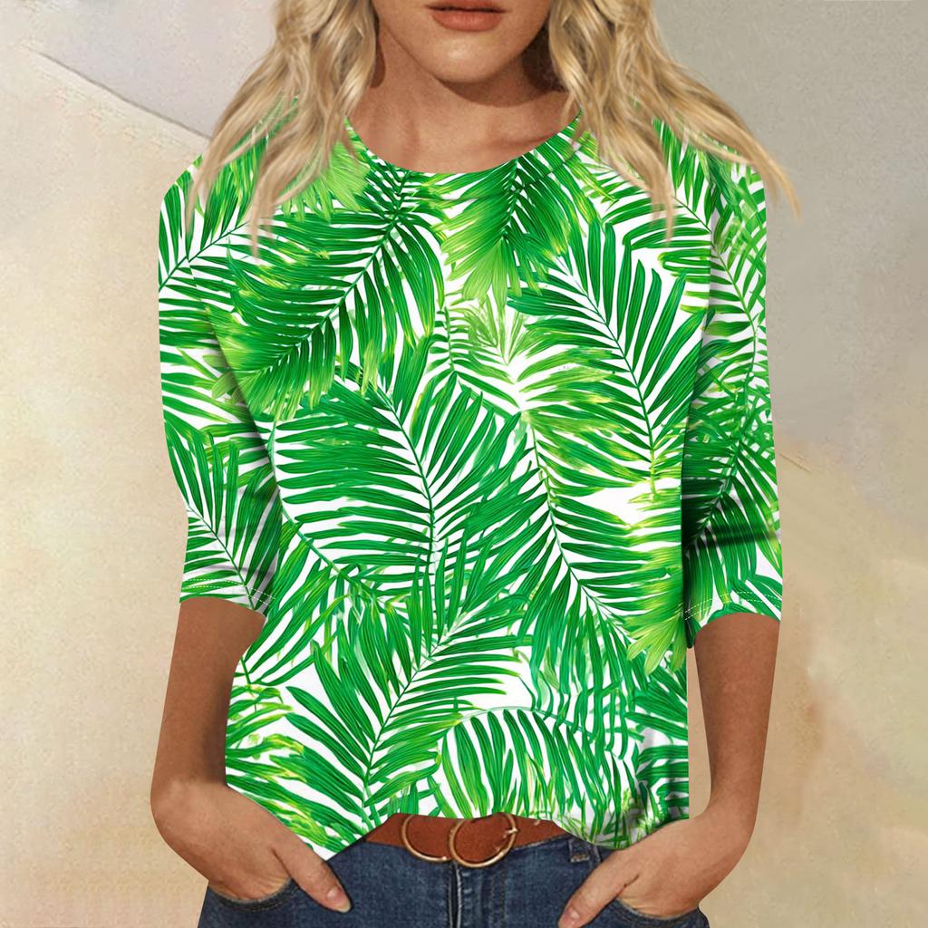 Women's Fashionable Casual Round Neck Three-Quarter Sleeve Printed T-Shirt Top