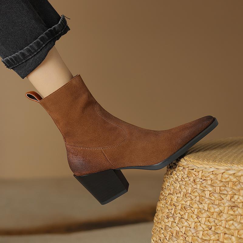 2024 New Real Cow Leather Suede Western Ankle Boots Women Point Toe Kitten Heels Short Boots Winter Cowboy Knight Boots Woman