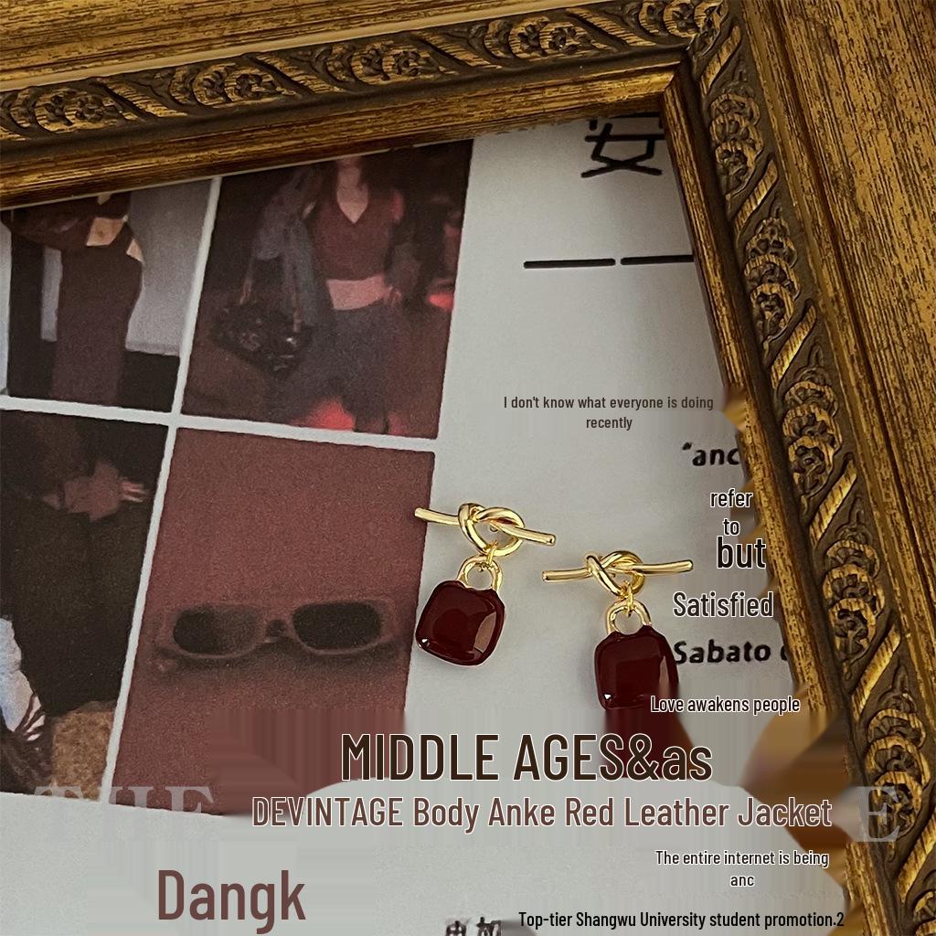 Boucles d'oreilles pendantes vintage en émail rouge bordeaux - Clous de style rétro français