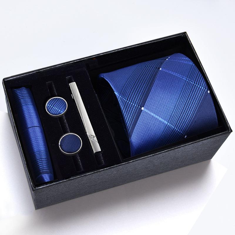 Gift Box Men'S Tie Square Scarf Cufflinks Tie Clip Five-Piece Set, Formal Business Blue Stripes