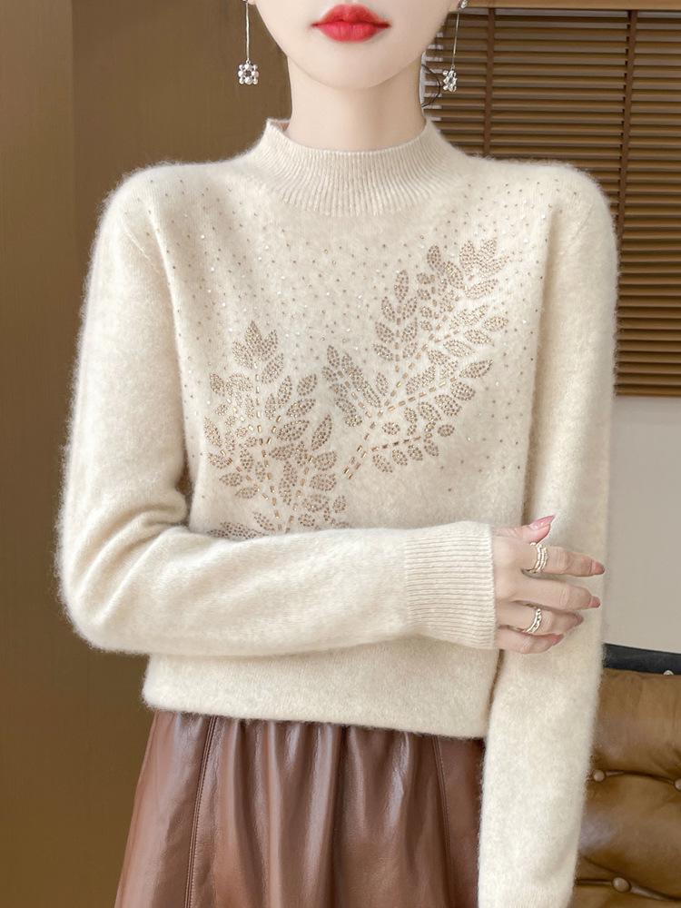 Women's Autumn/Winter Pure Wool Half-High Collar Sweater - Warm, Seamless, Non-Itchy, Hot-Drill Design