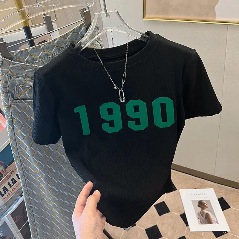 Women's 2024 Summer White Printed Letter Short-Sleeve Loose T-Shirt