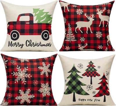 Weihnachts-Plaid Kissenbezug, Kissenhülle mit LKW & Hirsch & Schneeflocken-Druck für Heimdekoration