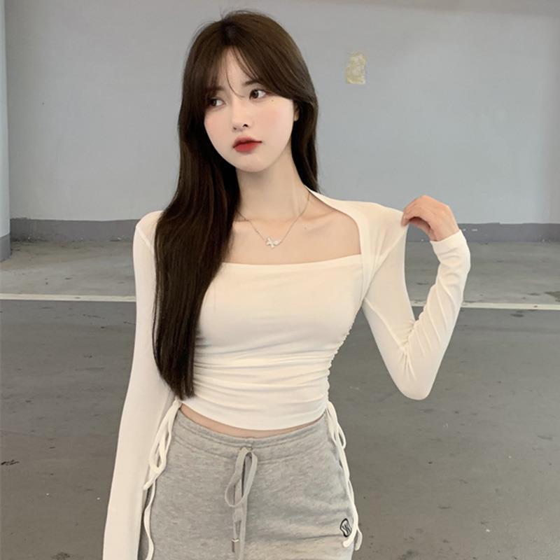 Elegant Square Collar Coffee Slim Fit Long Sleeve Top for Women - Trendy Drawstring Design for Spring & Autumn.
