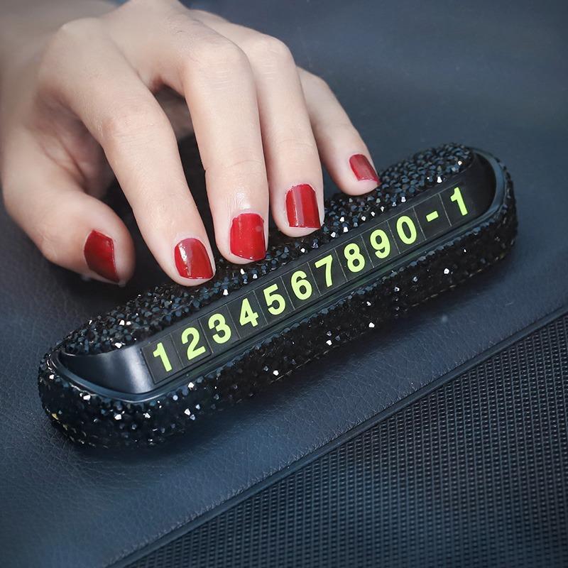 Temporary Parking Number Plate Holder with Full Rhinestone Decoration for Car Dashboard Display Number Visibility and Easy Contact
