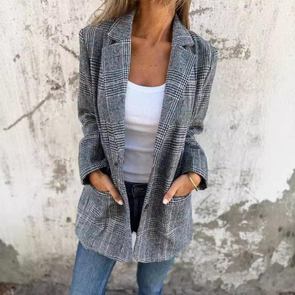 Women's Houndstooth Plaid Lapel Collar Long Sleeve Open Front Pocket Loose Fit Blazer Casual Suit Jacket
