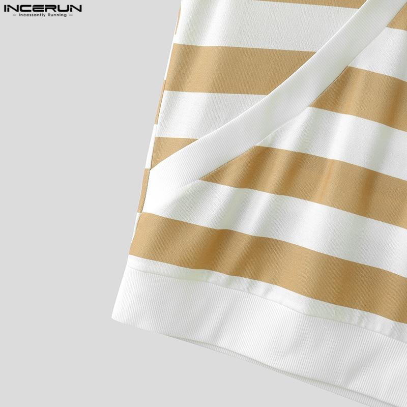 INCERUN Summer Men Stand Collar Sleeveless Striped Print Casual Tank Tops