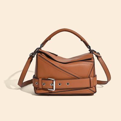 2025 Autumn Geometric Cowhide Crossbody Biker Bag - Large Capacity Genuine Leather Handbag for Women