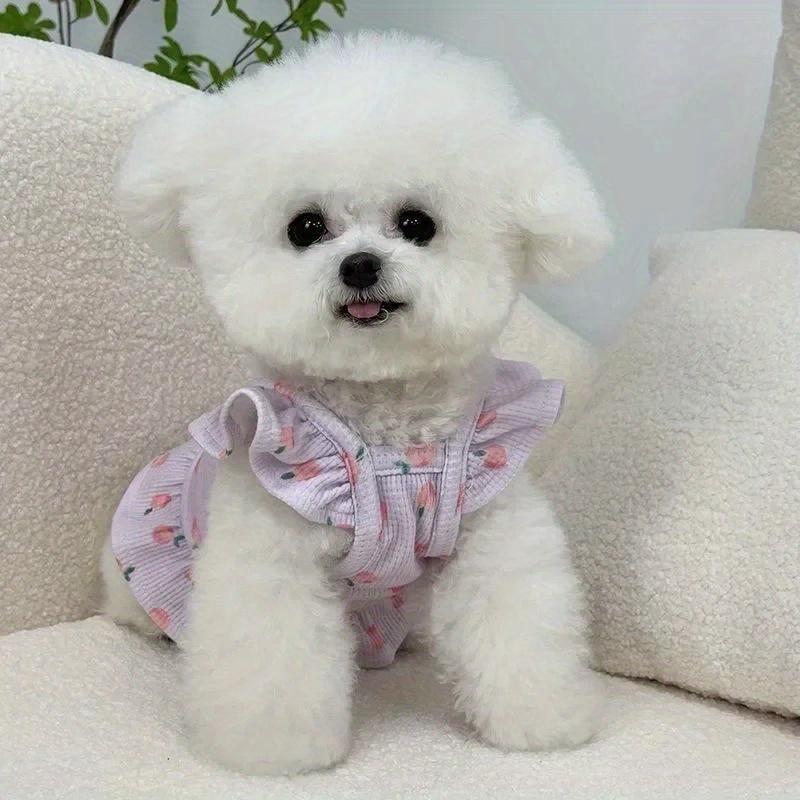 Pet Princess Wedding Dress for Small Dogs - Soft Pink Floral & Heart Design with Flying Sleeves, Lightweight Breathable Spring Summer Pet Outfit
