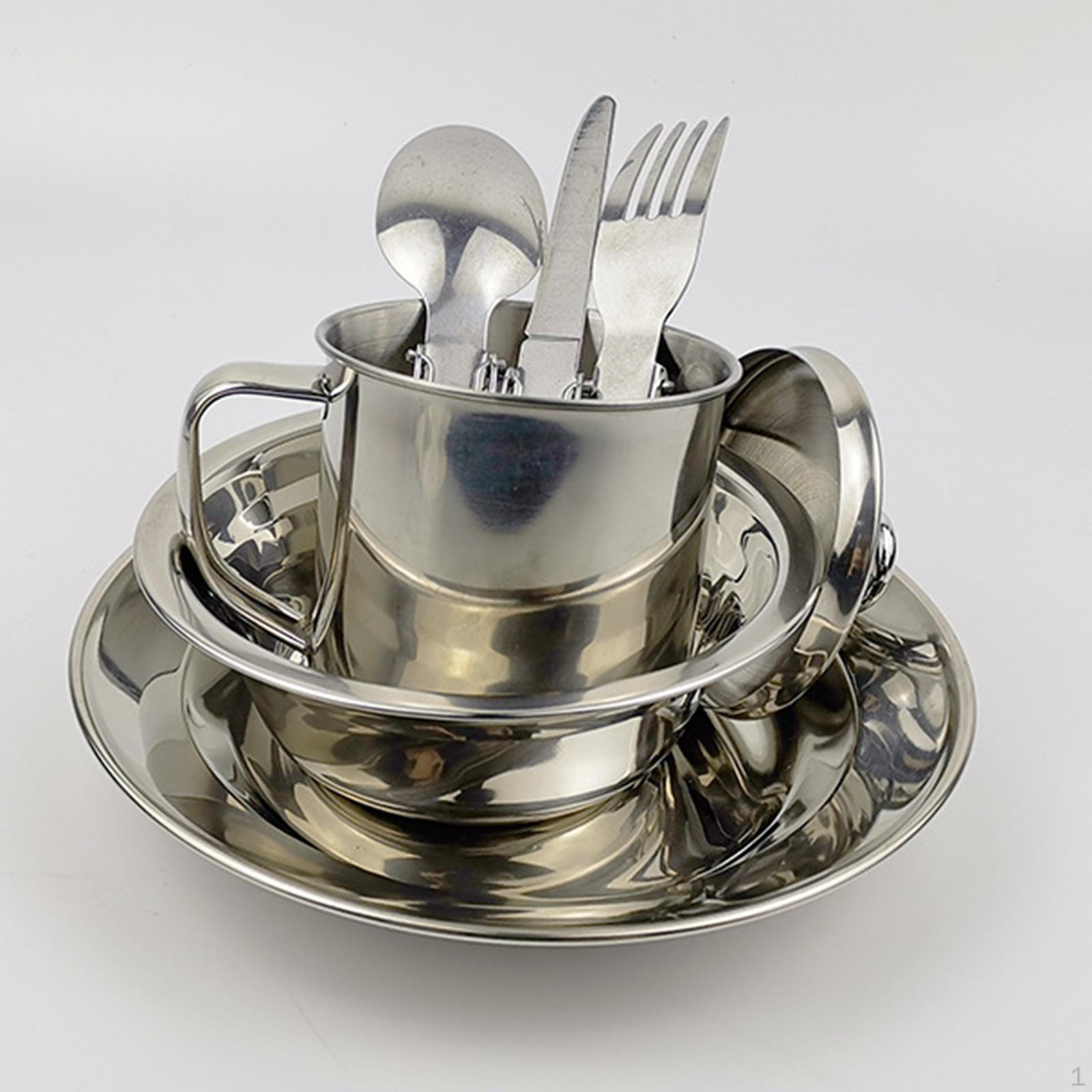 Portable Camping Cutlery Set Stainless Steel Plate 18cm, 300ml Mug Reusable