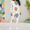 Women Plus Size White Blue Printed Round Neck Long Sleeve Top Fitted Pants Two Piece Set
