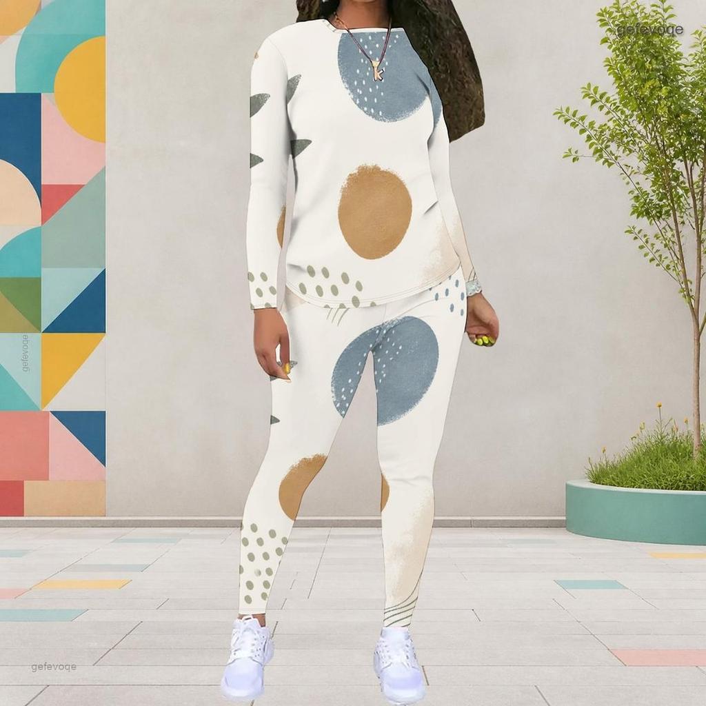 Women Plus Size White Blue Printed Round Neck Long Sleeve Top Fitted Pants Two Piece Set
