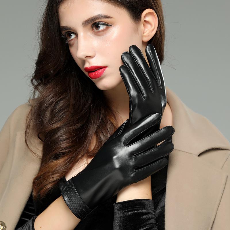 Women'S Autumn And Winter Leather Gloves Sheepskin Fashion Velvet Thick Warm Touch Screen Riding Cycling Windproof Driving Gloves