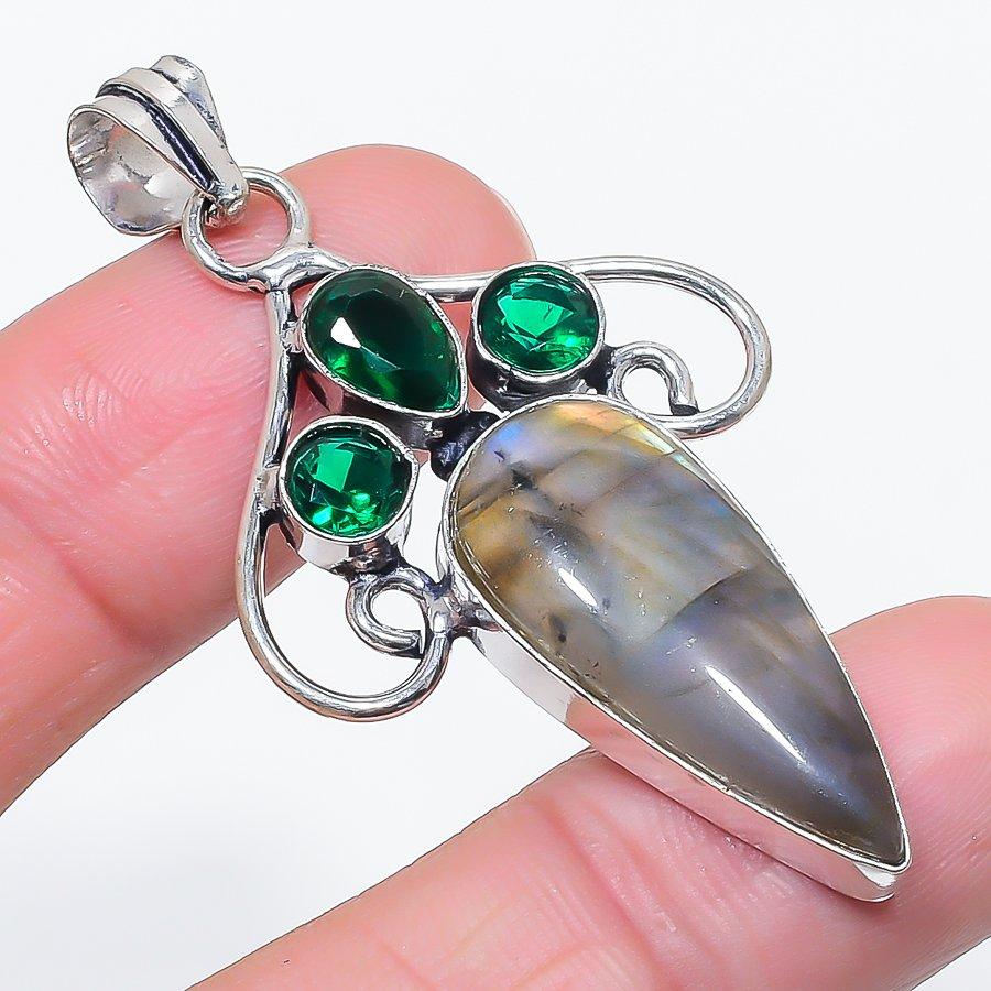 Natural Labradorite, Diopside 925 Sterling Silver Jewelry Pendant 2.25" I4n47