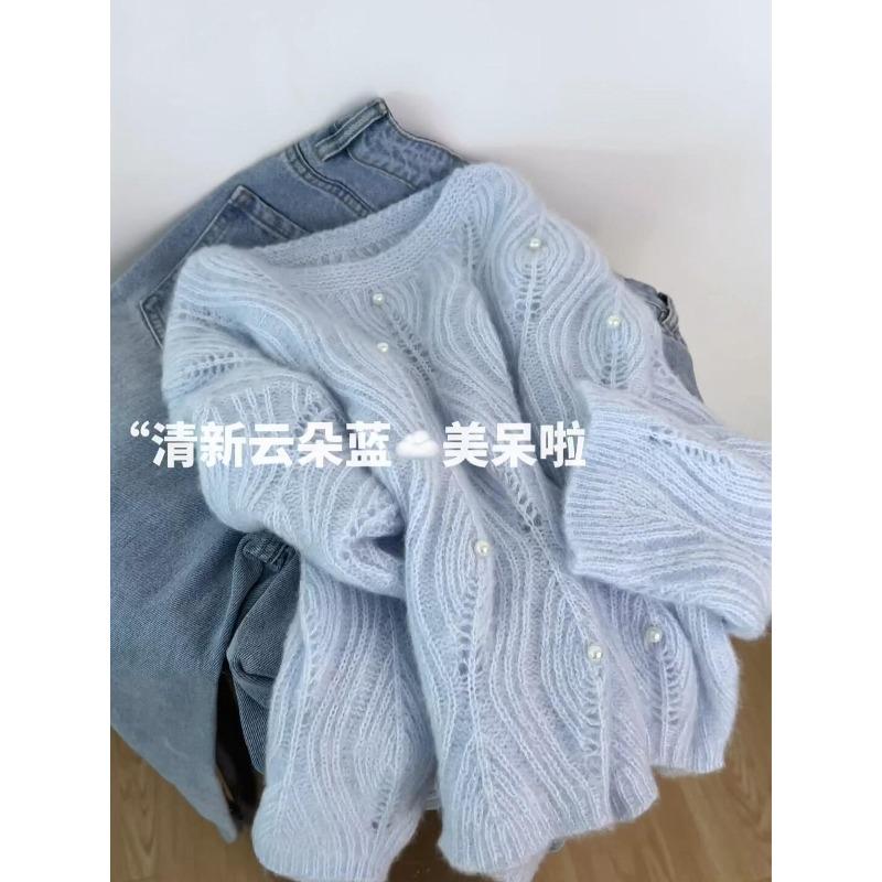 

Мягкий ворсистый бисер полый свитер женский осень-зима новый свободный дизайн омолаживающий вязаный свитер one size fits all синий