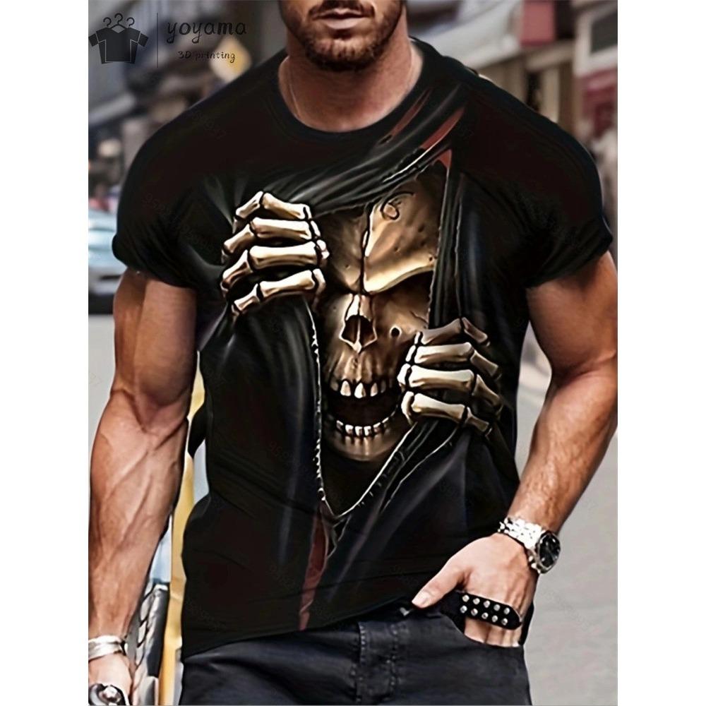 Skräckskalletryck för män T-shirt 3D-tryck Vintage o-halsad kortärmad mode överdimensionerade T-shirts Herr sommar streetkläder