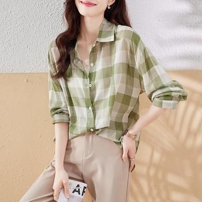 Vintage Plaid Single-breasted Blouse Women's Clothing Casual Turn-down Collar Fashion Streetwear Spring Summer Long Sleeve Shirt