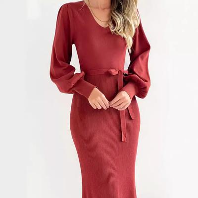 Dames Herfst- en Winter Gebreide Jurk Slanke Diepe V-hals Trui Jurk