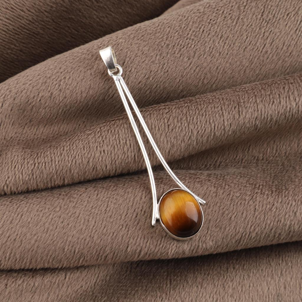 Yellow Tiger's Eye Gemstone 925 Sterling Silver Handmade Jewelry Designer Long Pendant 1.79" For Her PP-69-30