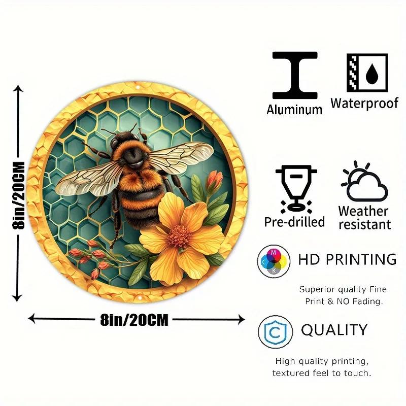 Round Metal Aluminum Sign Bee & Honeycomb Decorative Plates Entrance Decor Gift Mask Theme For Bar Club Home Room Wall Decor
