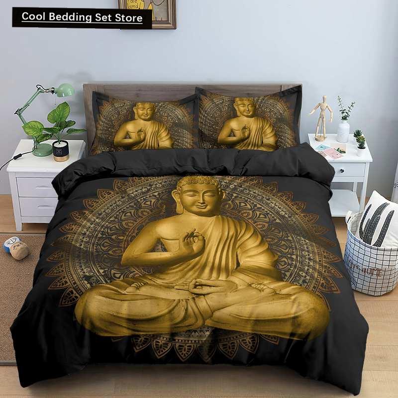 Set Letto Buddha Religione Indiana Buddismo Meditazione Mandala Copripiumino Sorriso Buddha Floreale Morbido Copripiumino Queen King Size