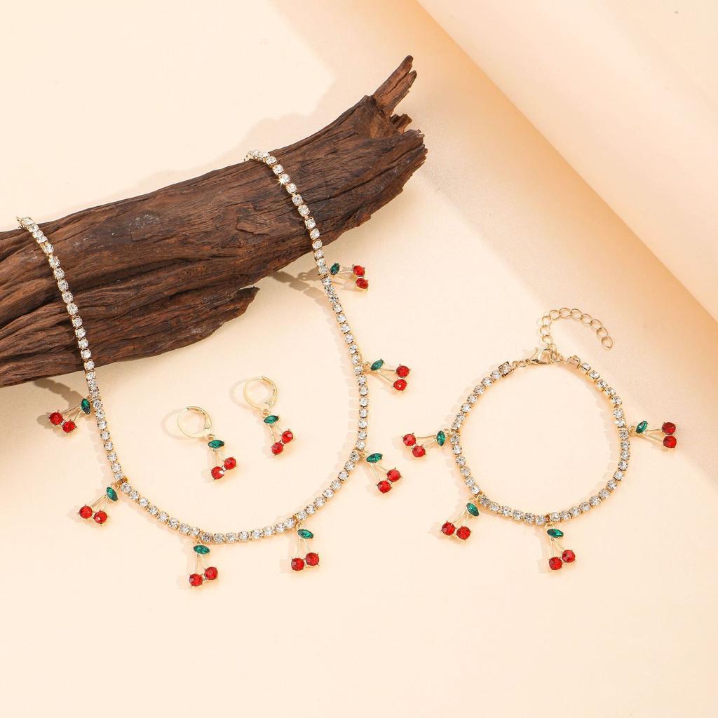 Sweet Cherry Necklace And Earring Set For Women Cute Fruit Jewelry Summer Accessories