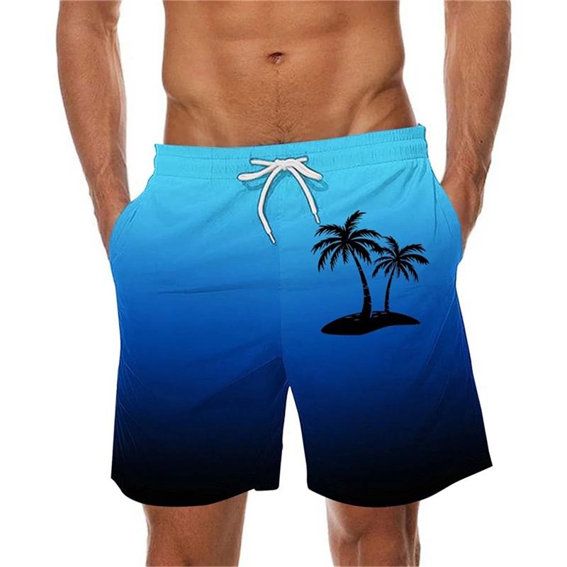 Gradient Color Palm Tree Pattern Beach Shorts Men 3d Printed Tropical Plants Swimming Trunk Summer Hawaiian Holiday Board Shorts