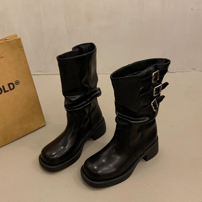 Belt Buckle Pleated Martin Boots Women's 2024 New Retro Fashion Temperament Medium Boots Thick Heel Thick Sole Fashion Boots Tide